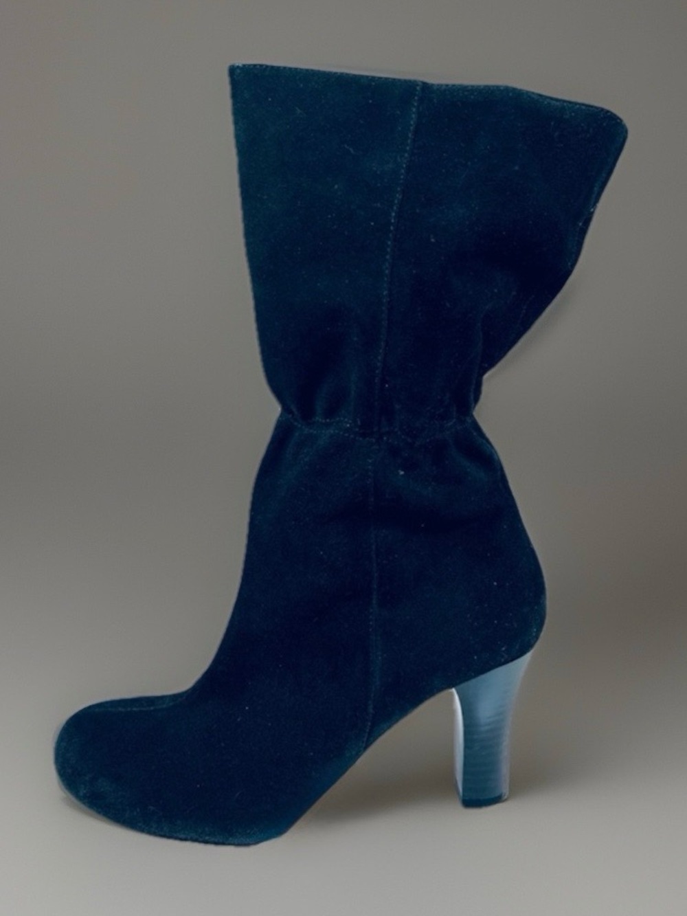VINTAGE Rocker CHIC sz 7M Black Suede Leather Gathered High Heeled Boots